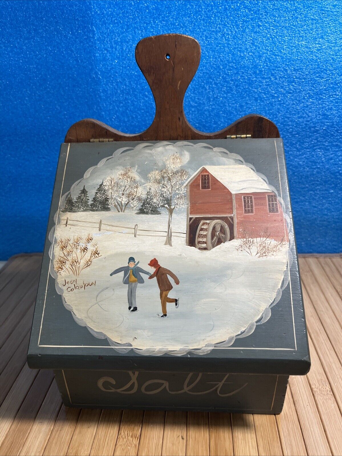 Vintage Wooden Folk Art Hand Painted Saltbox w/Hinged Lid Wall Mount 