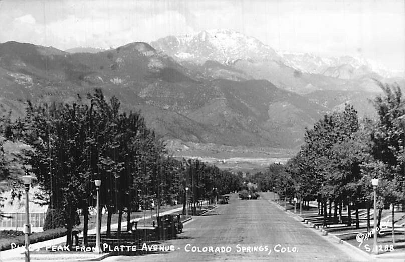 Postcard CO: RPPC Pikes Peak from Platte Ave., Colorado Springs, Colorado, B&W