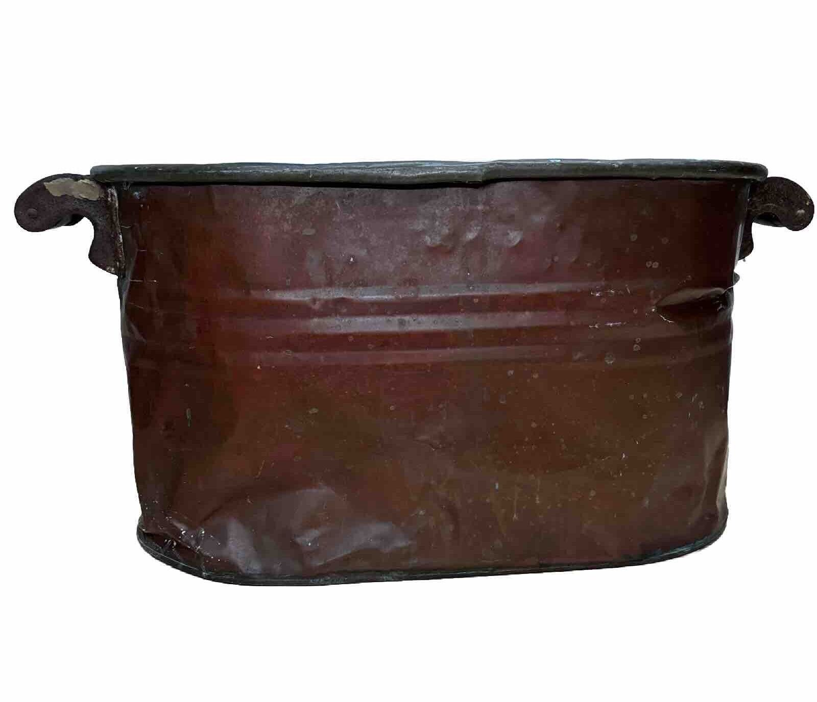 Lg Antique Vintage Primitive Copper Boiler Cooker Wash Tub Wood Handles