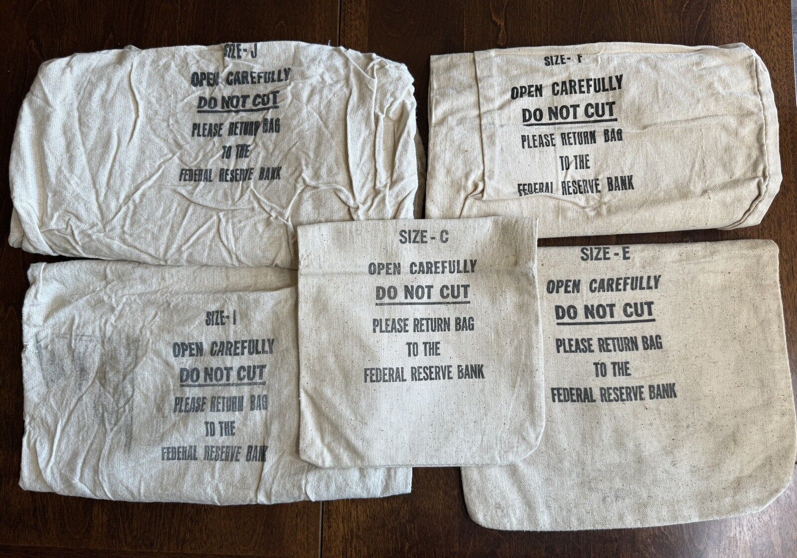 Lot of 5 FEDERAL RESERVE BANK  EMPTY VINTAGE MONEY CANVAS BAGS