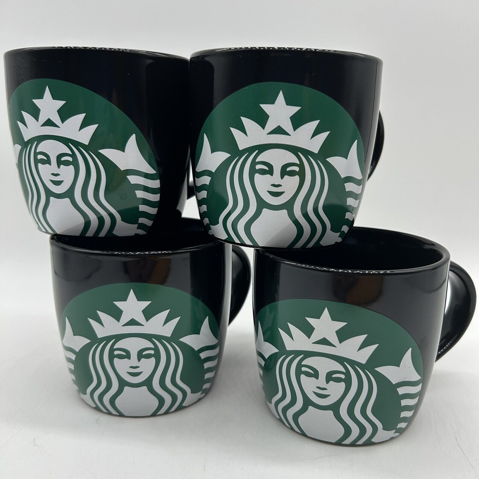Set of 4 Starbucks 14 Oz Coffee Mugs Black w/ Green Siren Logo - Four New Mugs