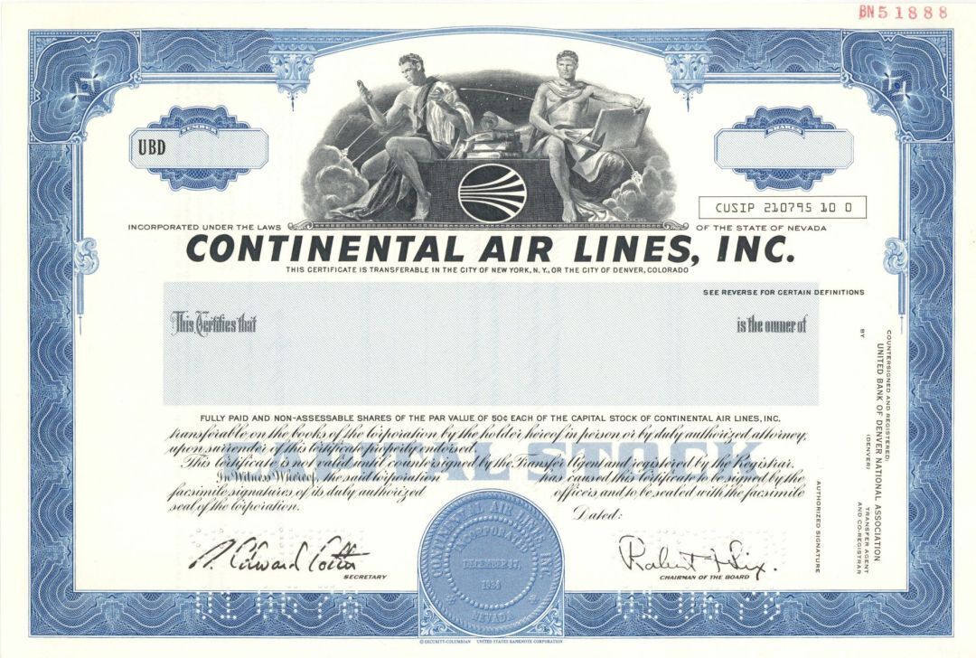 Continental Air Lines, Inc. - Specimen Stock Certificate - United State Commerci
