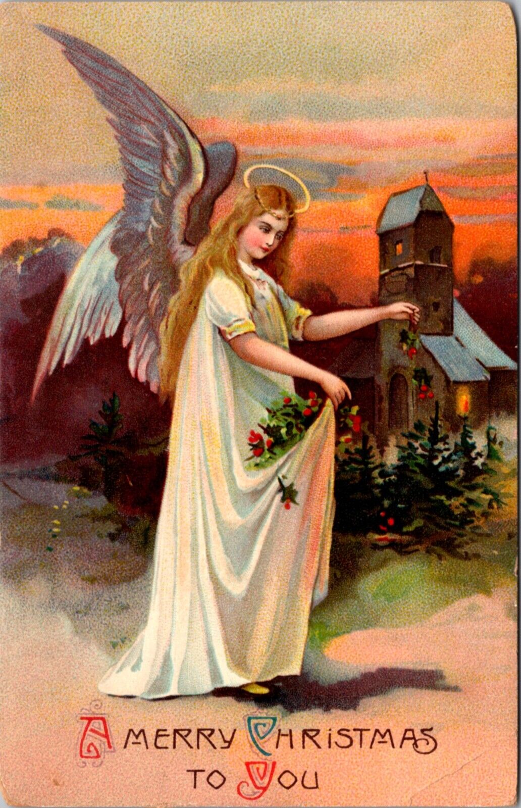 Gel Christmas Postcard Angel Woman Sprinkling Holly