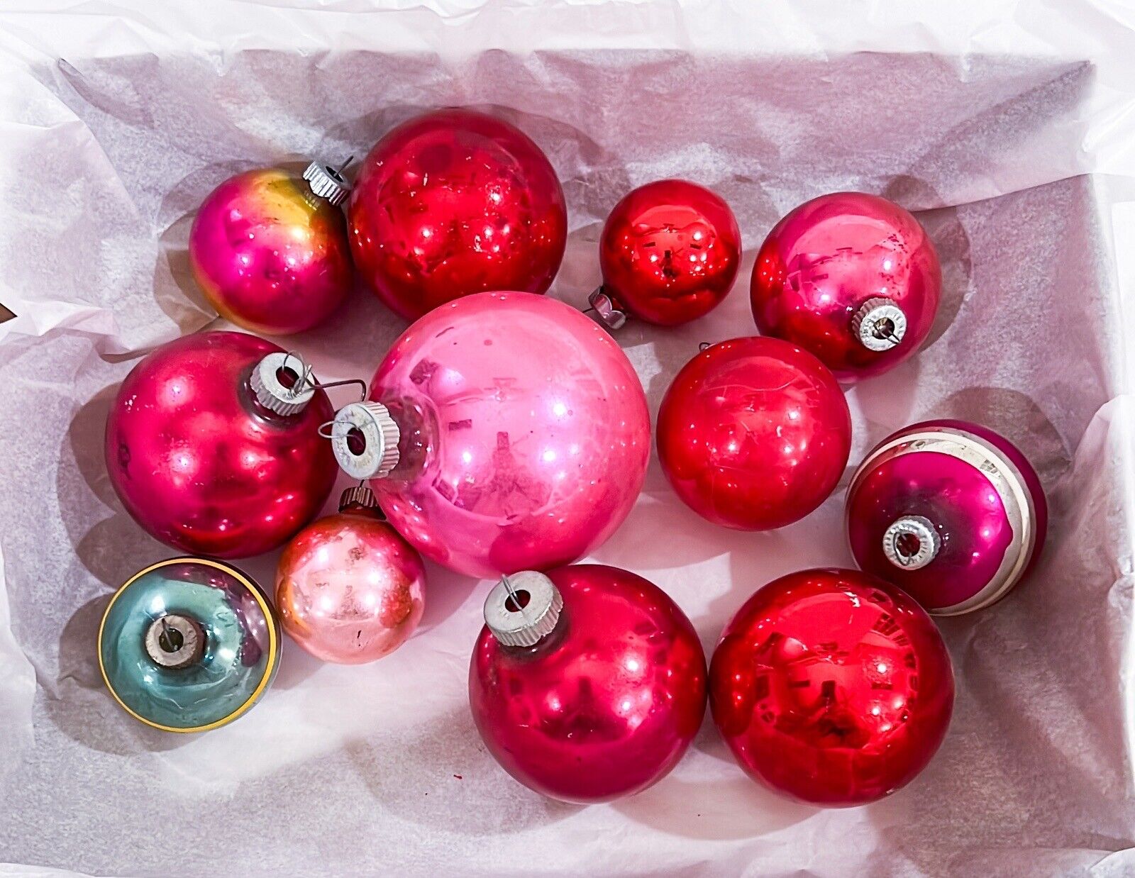 12 Vintage Glass Round Shiny Brite Made in USA Pink & Red Christmas Ornaments