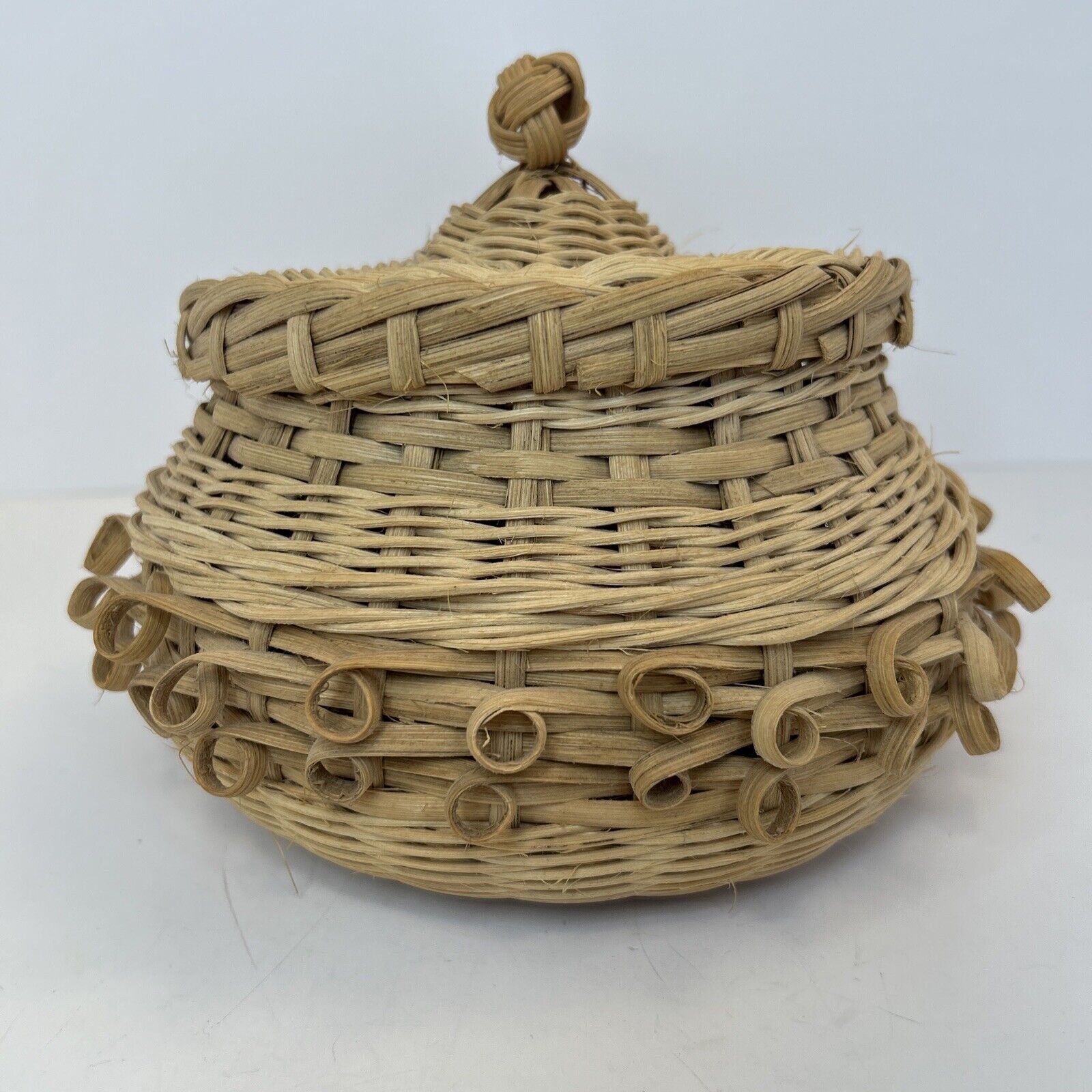 Vintage Hand Woven Basket With Lid 6 in X 8 1/2 in Storage Unique 1989