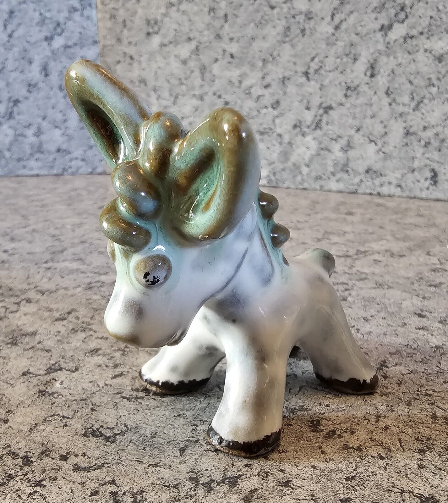 Vintage Ceramic Pottery White Donkey Japan Green Ears And Mane Bug Out Eyes