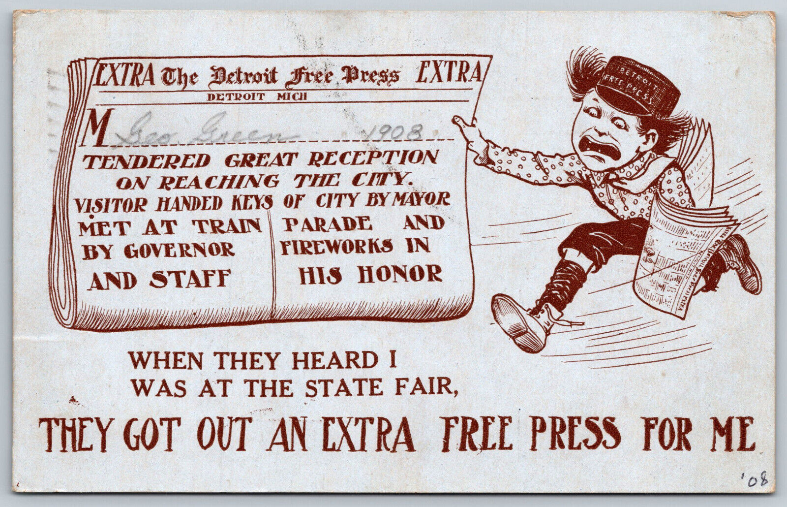 Postcard The Detroit Free Press Extra State Fair Paperboy c1908 Detroit, MI D19