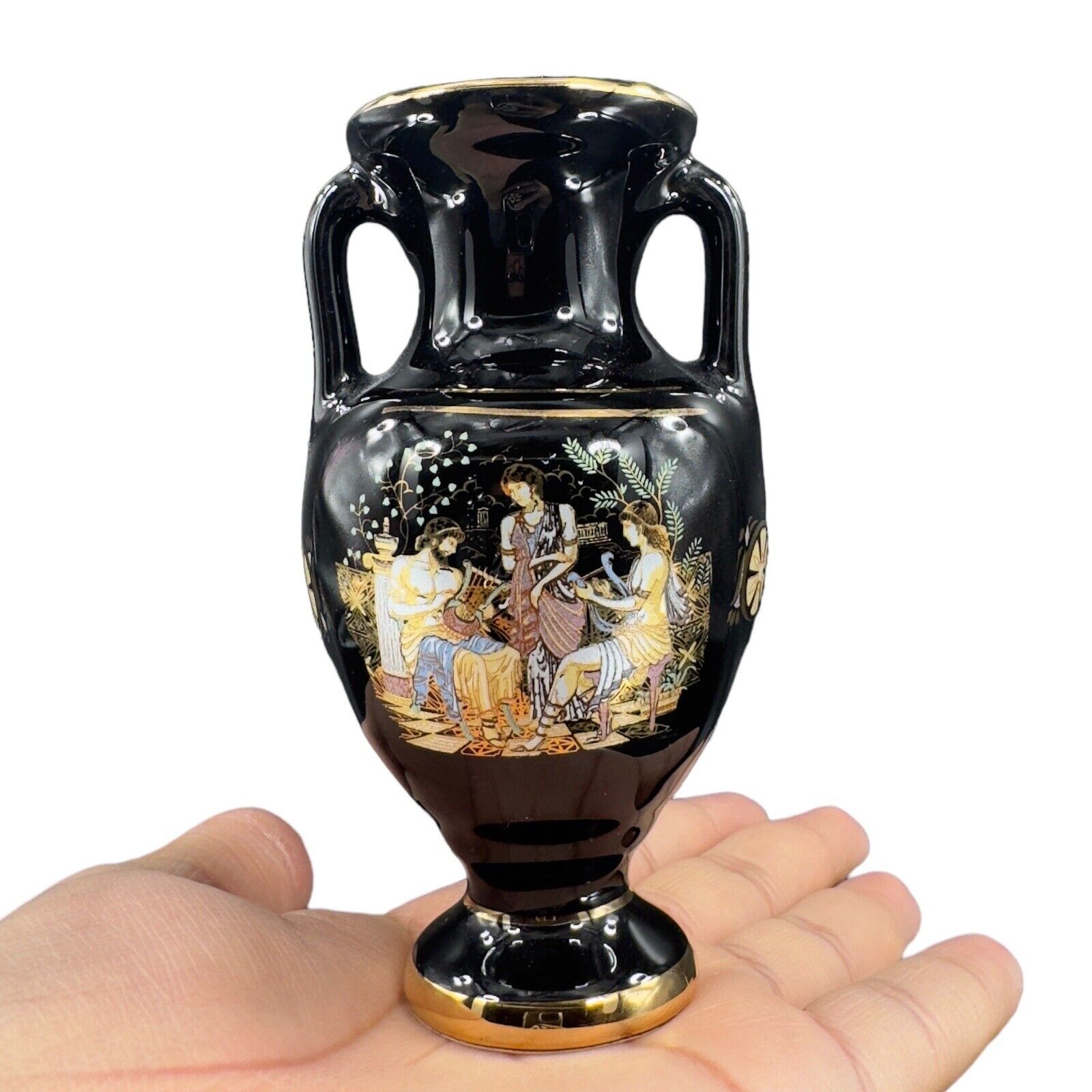 Vintage Fakiolas 24 K Gold Ceramic Pottery Vase W Handles Handmade in Greece
