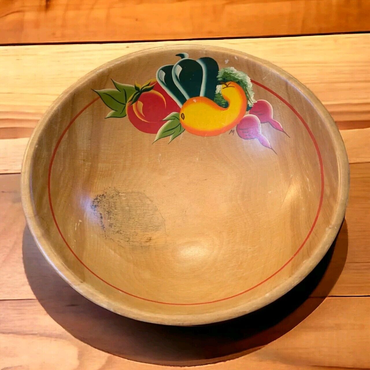 Vintage Wooden Turned Bowl Hand Painted Three Footed Folk Art Vegetables 13