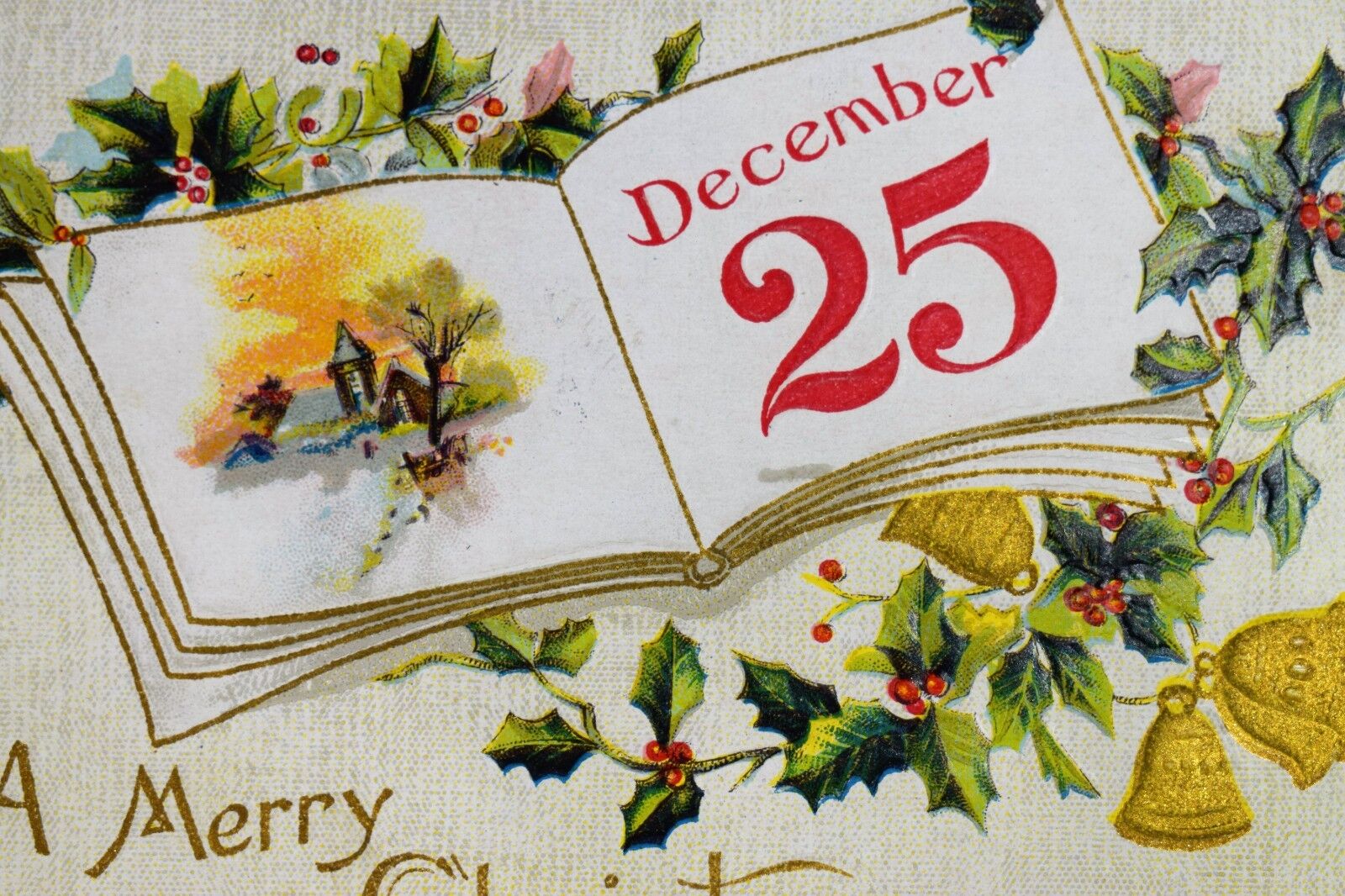 C.1910 Winsch Christmas Postcard-A merry Christmas-Church in Dec. 25 Calendar