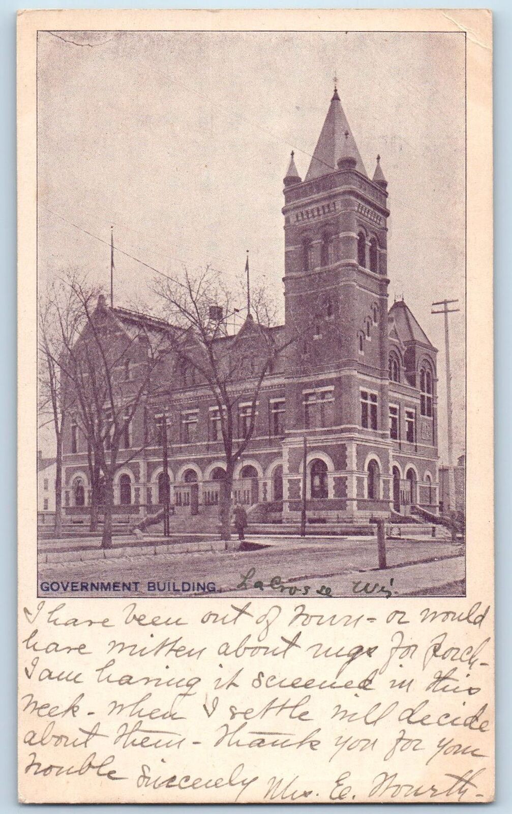 La Crosse Wisconsin WI Postcard Government Building Exterior Roadside 1905 Trees
