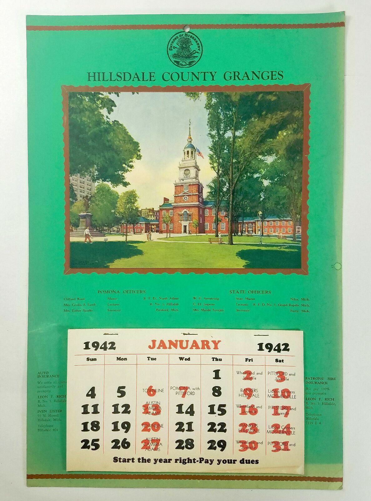 Vintage 1942 Calendar from Hillsdale County Granges Michigan Advertising 