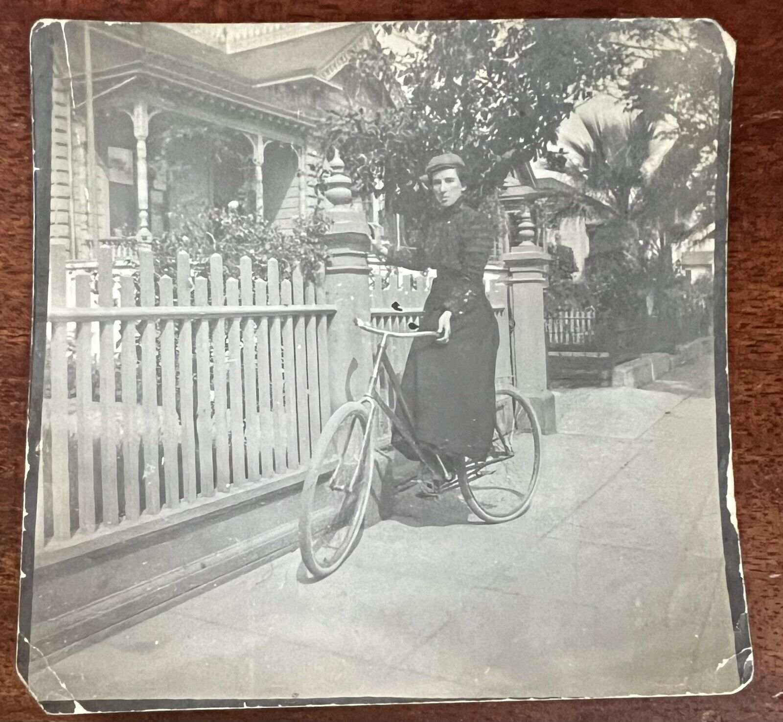 ATQ Photo Woman Long Black Dress Portrait Bicycle Holding Fence