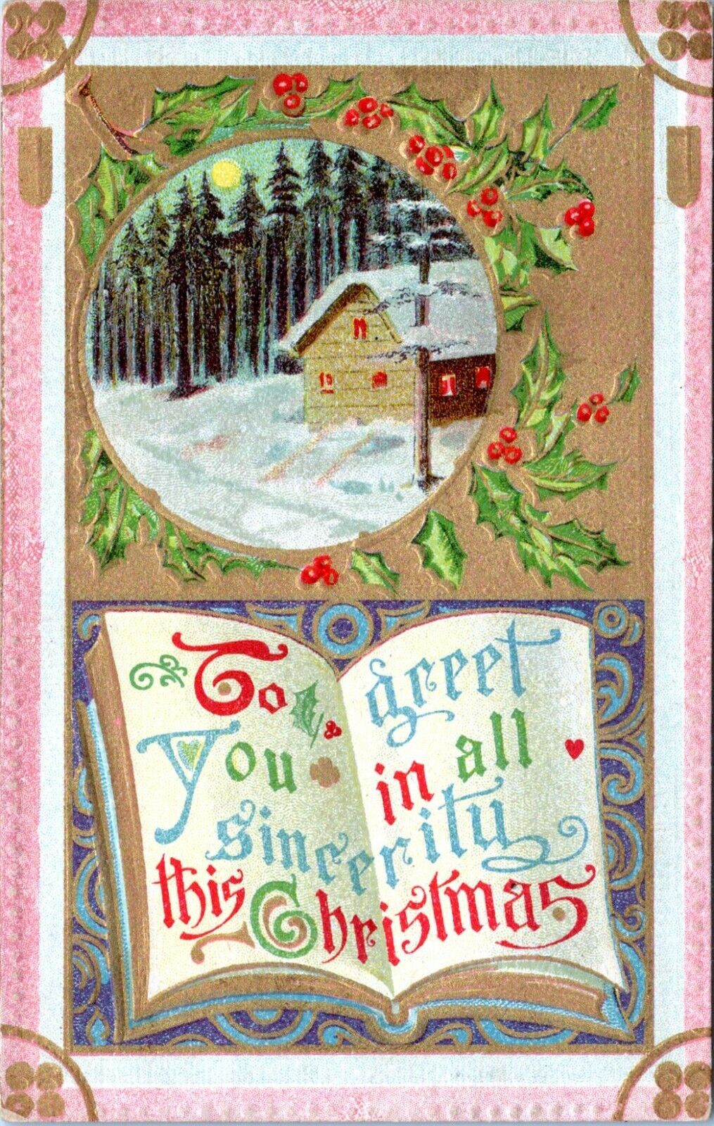 Unused Christmas Postcard Embossed Gilded Pink Border 1910 Vintage MA