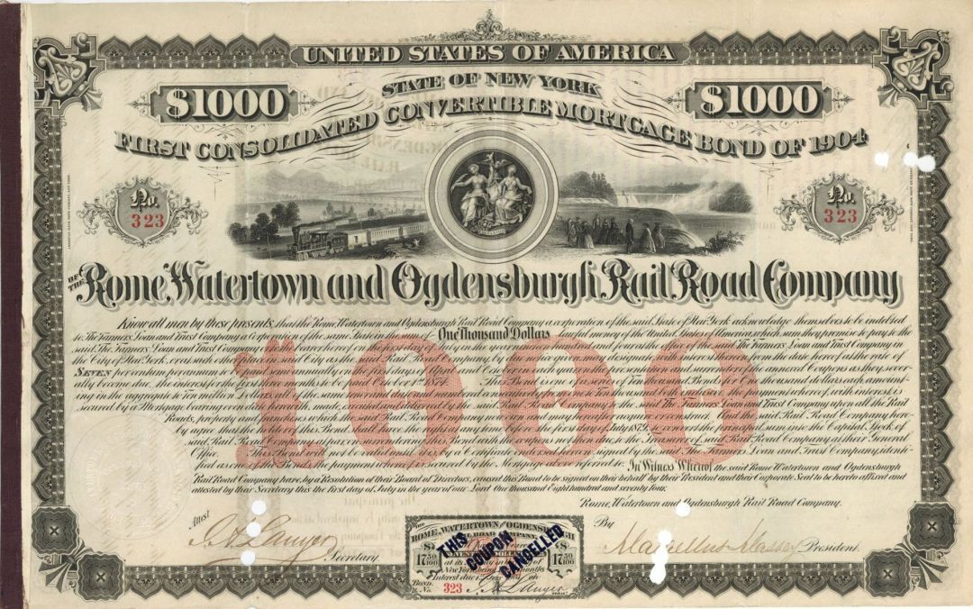 Rome, Watertown and Ogdensburgh Railroad Co. - 1874 dated $1,000 Railway Bond - 