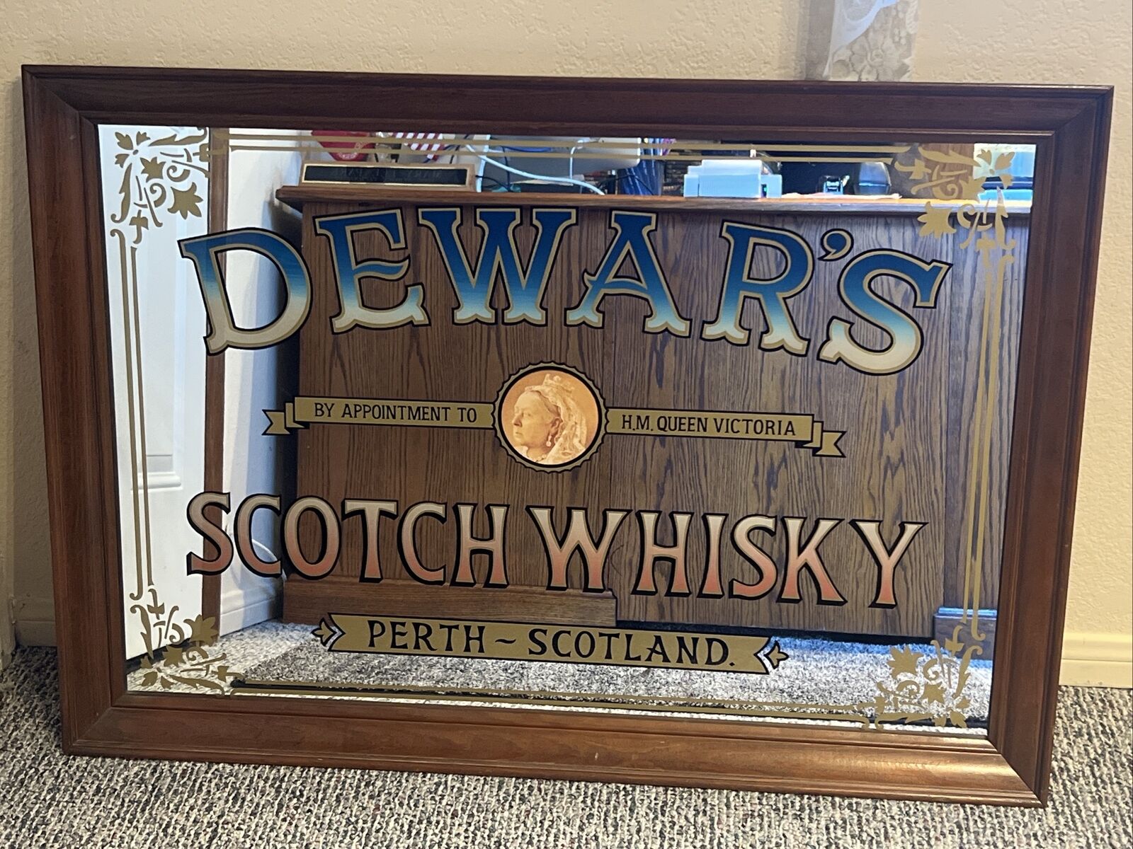 Vintage Dewar’s Scotch Whisky ~ Pub Bar Mirror ~ Wooden Frame ~ Perth ~ Scotland