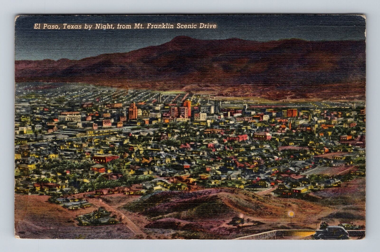 El Paso TX-Texas, Mt Franklin Scenic Drive by Night, Antique Vintage Postcard