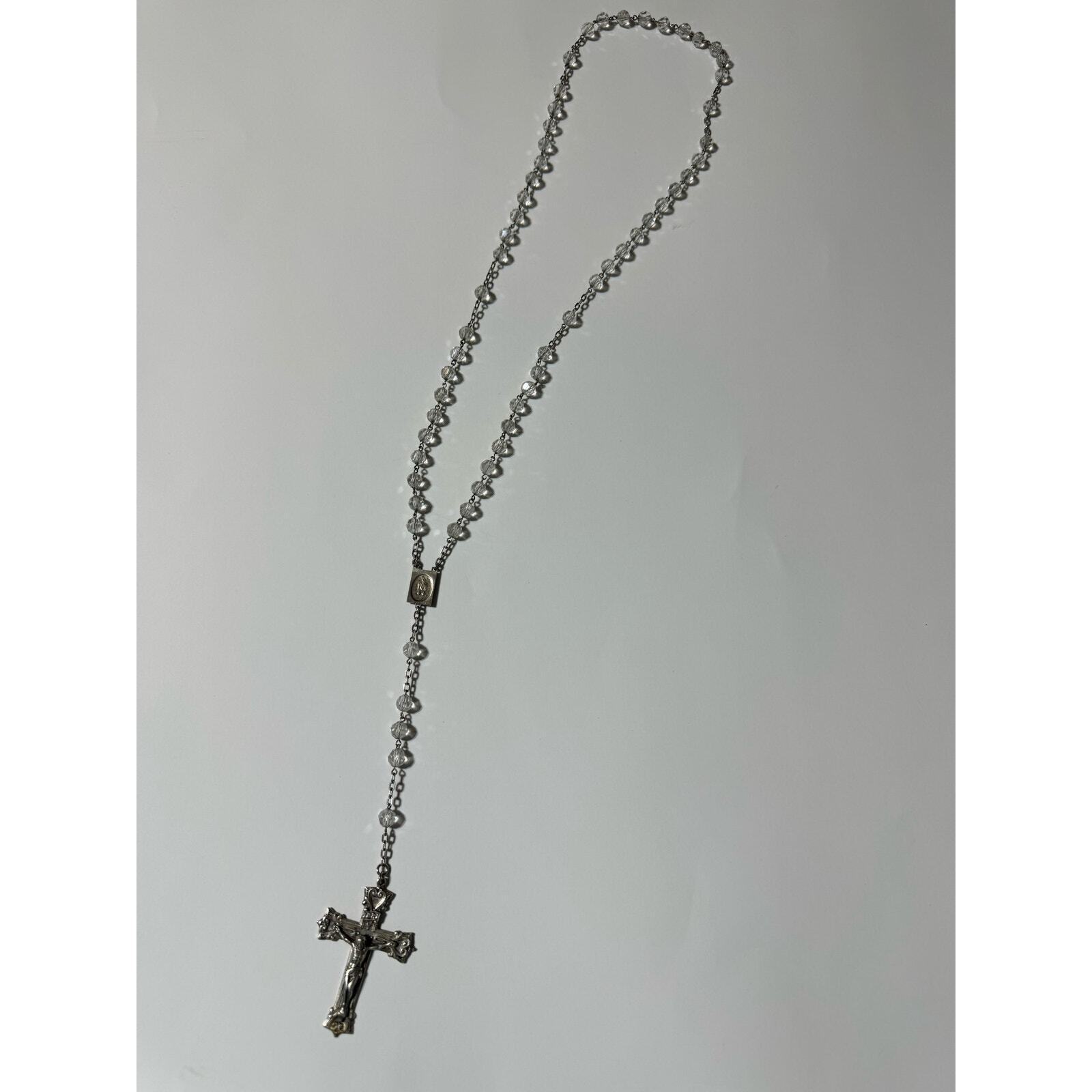 Vintage Sterling Silver Rosary Crucifix Neklace Clear Beads