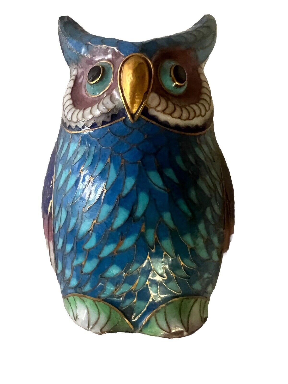 Vintage Cloisonné Enamel Owl Statue with Brass Base, Colorful Enameled Cobalt 