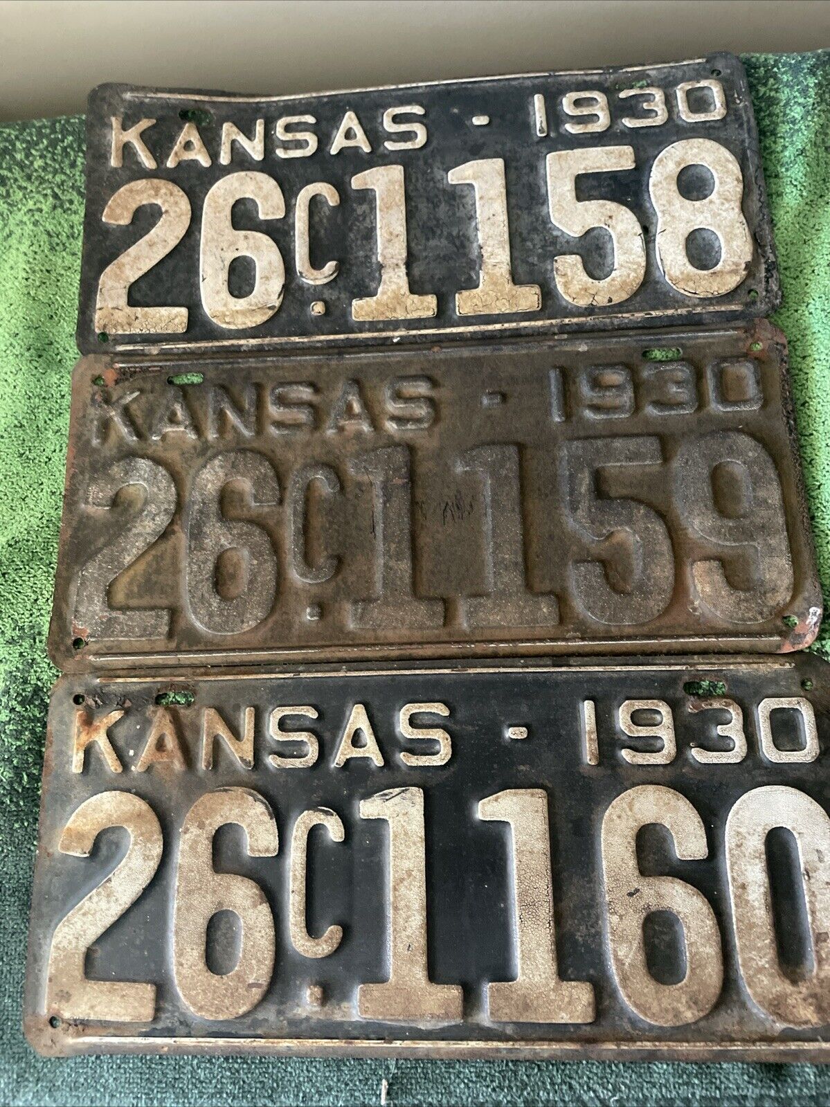 3 Antique 1930 Consecutive Numbered License Plates Kansas Trio # 58-59-60
