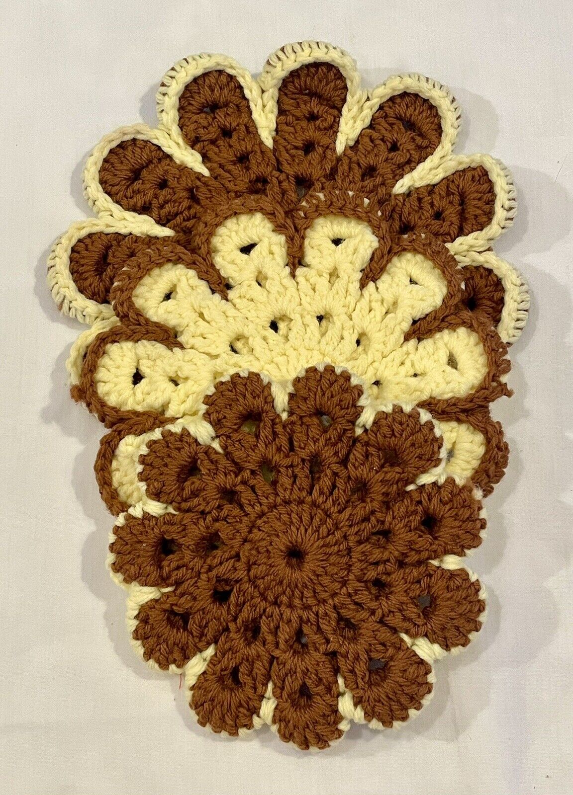 Lot of 3 Vintage Knit Crocheted Pot Holders  Hot Pad Homemade Brown & Yellow