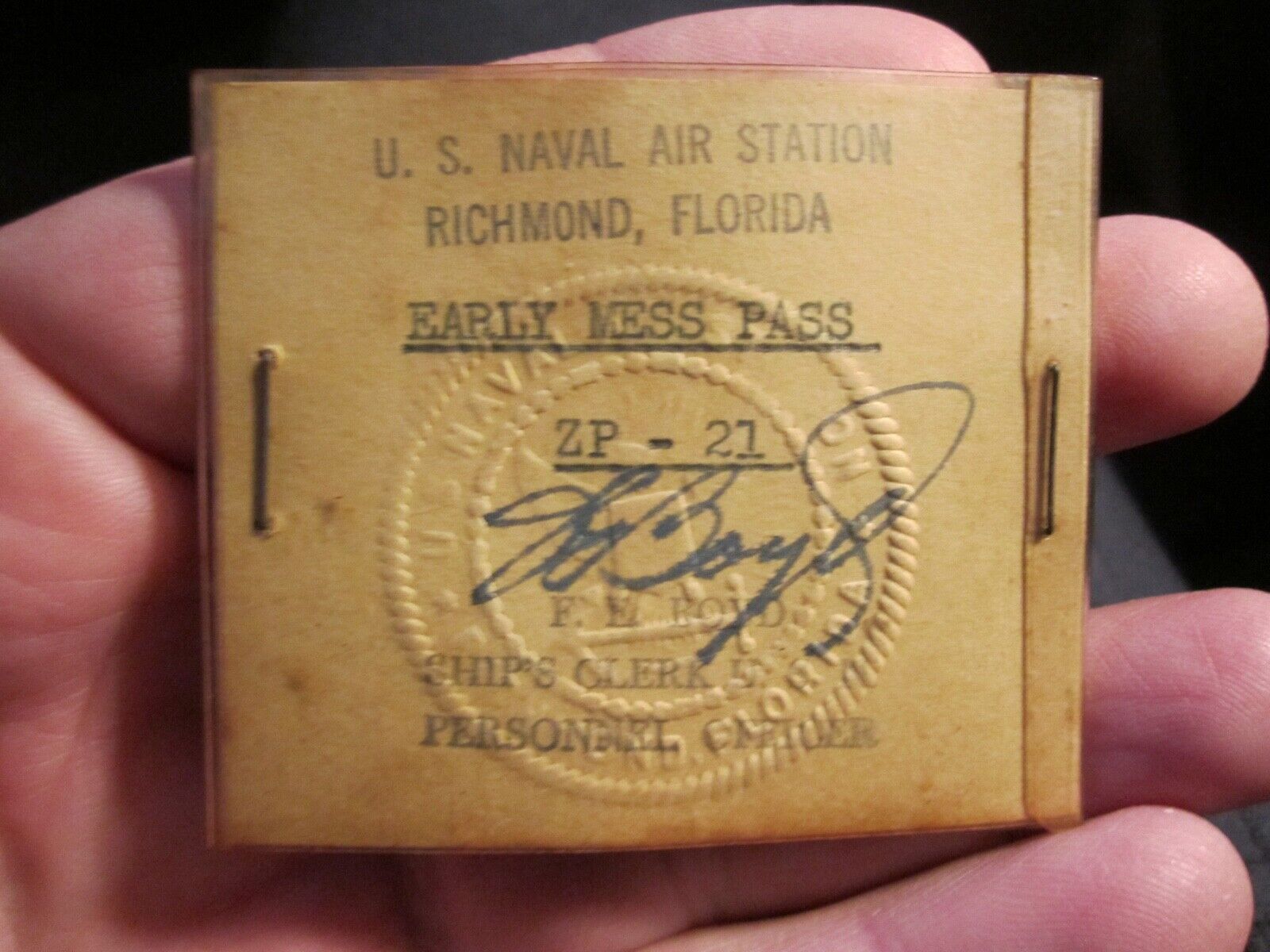 1940'S U.S. NAVAL AIR STATION RICHMOND, FLORIDA EARLY MESS PASS -  BBA50