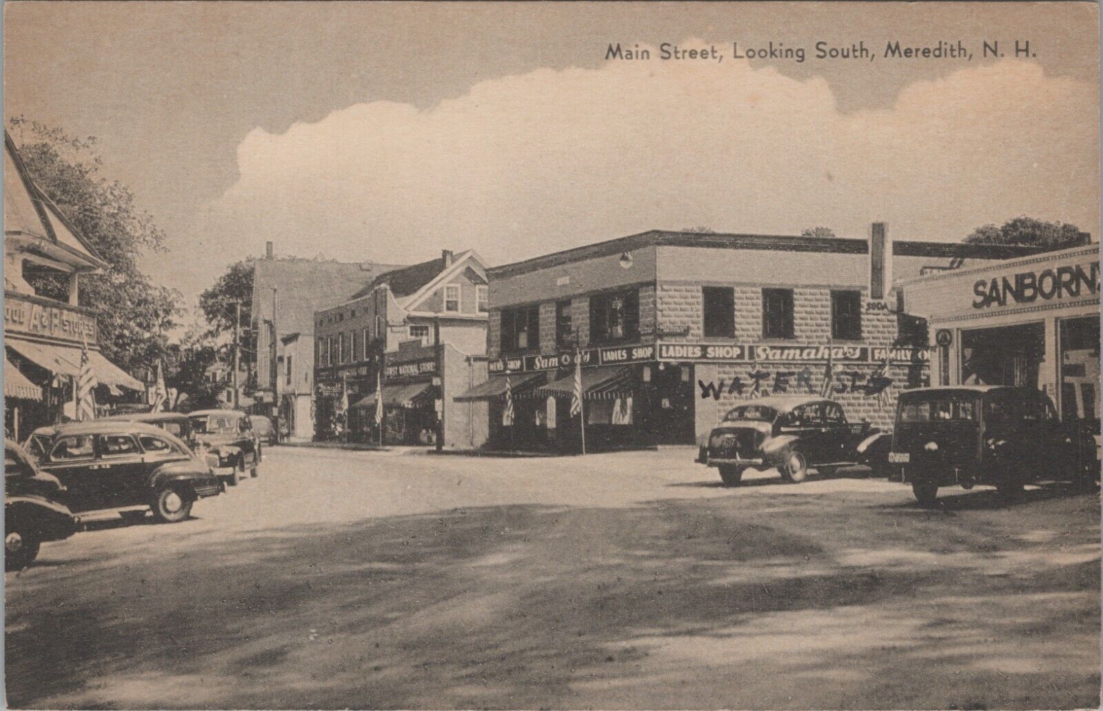 c1940s Main Street Meredith New Hampshire signs A&P Samaha\'s Sanborn autos D490