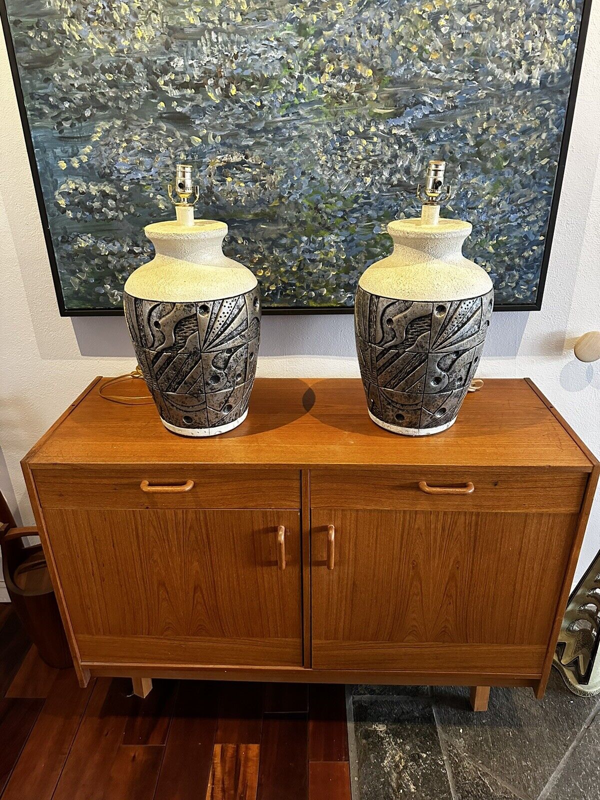 Large Pair Vintage, Mid Century, Brutalist, Cubist, Ceramic Table Lamps