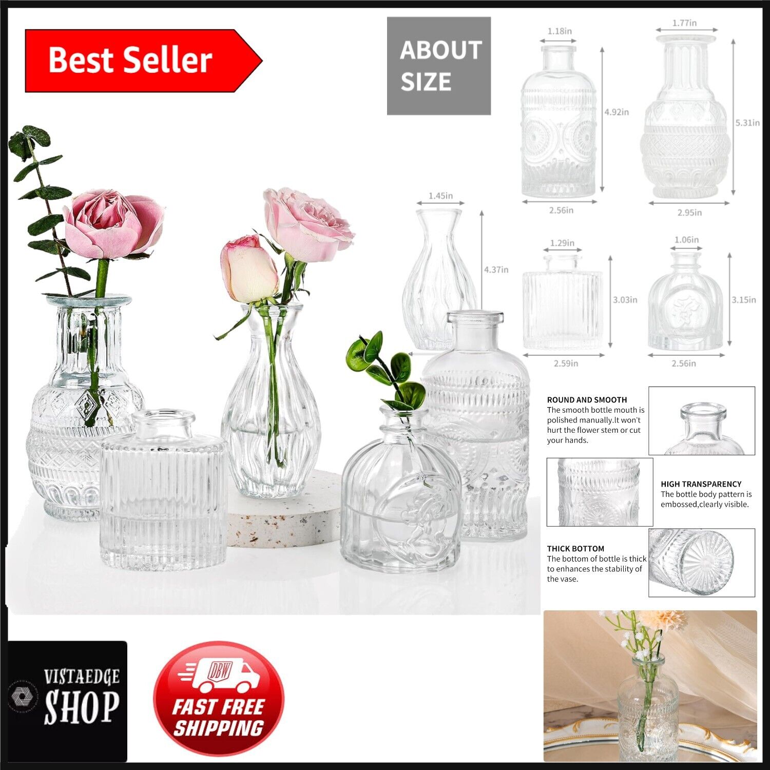 5-Piece Decorative Glass Bud Vases - Vintage Style for Centerpieces & Gifts