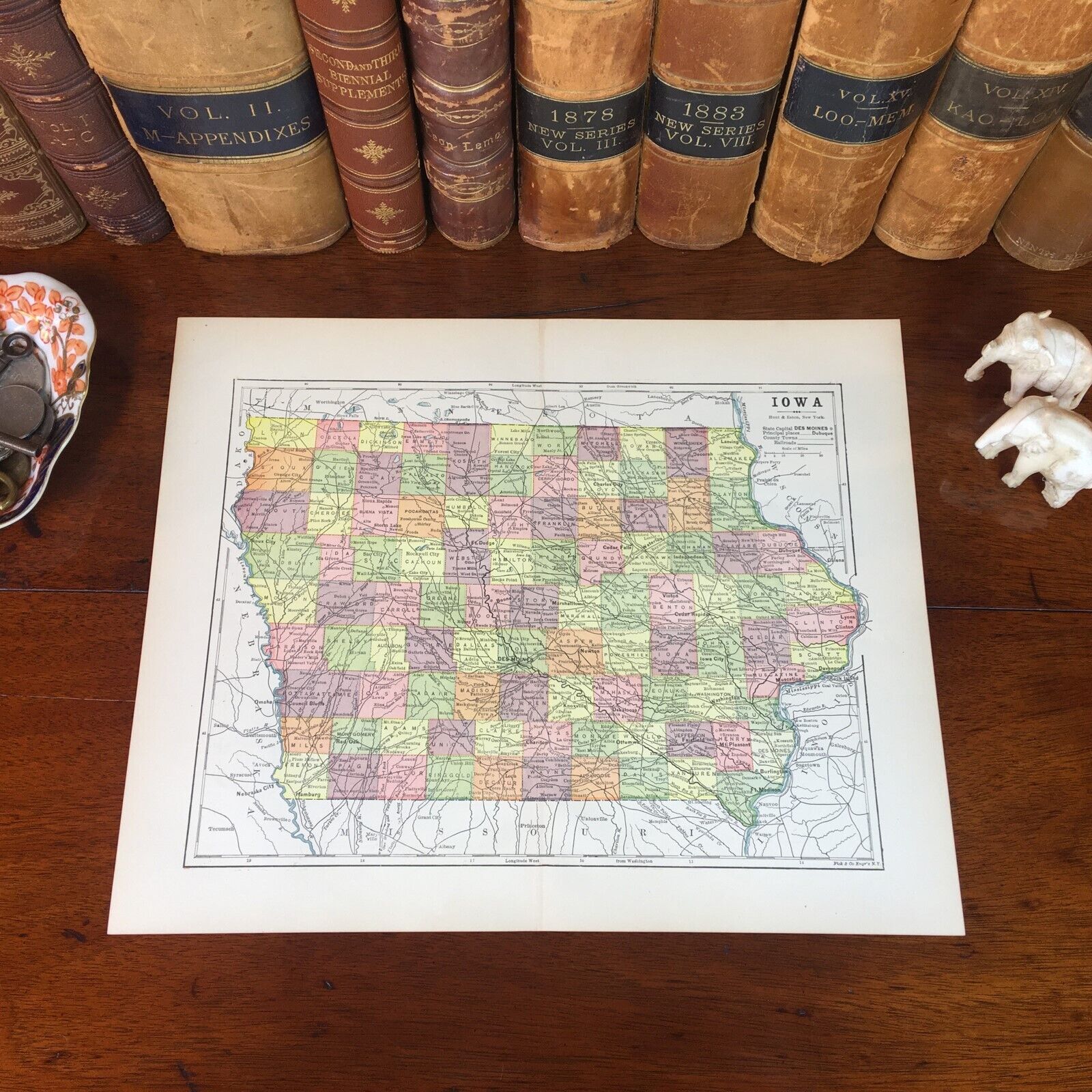 Original 1890 Antique Map IOWA Dubuque Council Bluffs Cedar Rapids Newton Boone