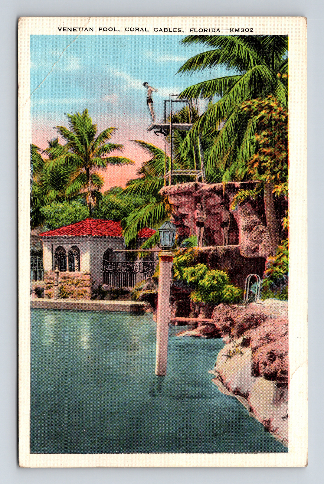 c1939 Linen Postcard Coral Gables FL Florida Venetian Pool Diver Swimmers