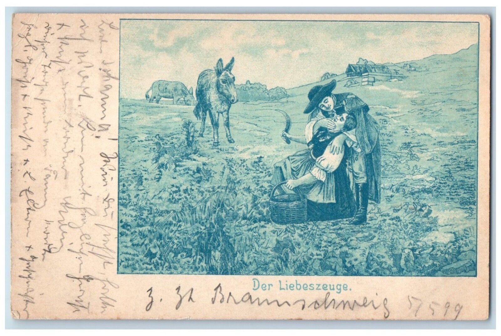 1899 Love Romance Donkey In Field Witness Germany Posted Antique Postcard