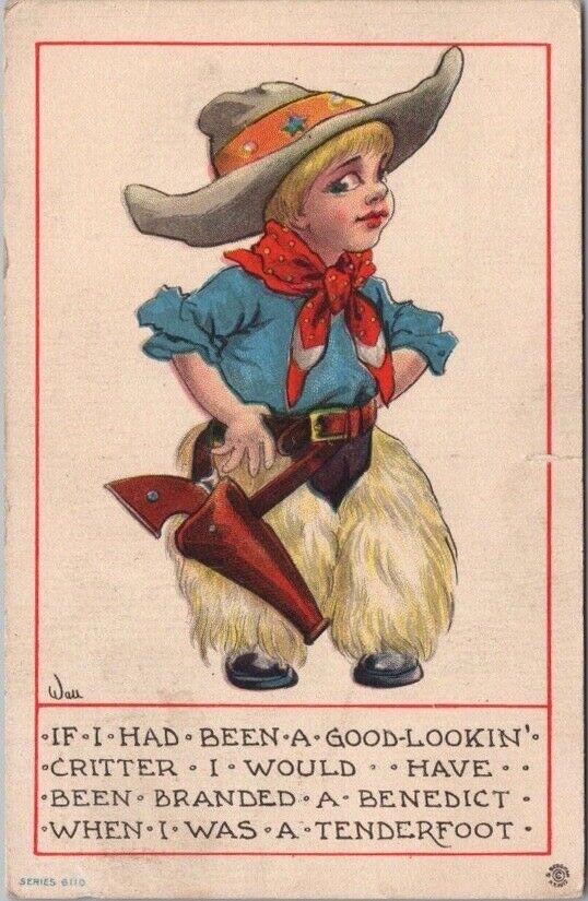 Vintage 1913 Romance Greetings Postcard Little Cowgirl / Artist-Signed WALL