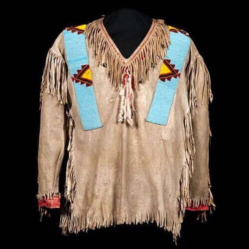 Old American Handmade Beige Buckskin Suede Beaded Powwow Regalia War Shirt  NW13