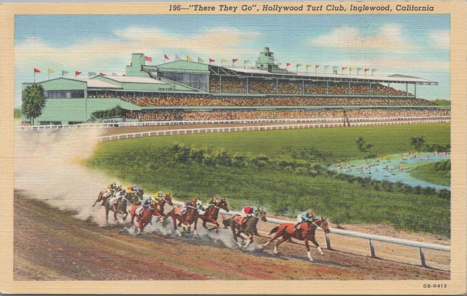 Postcard Horse Racing There They Go Hollywood Turf Club Inglewood CA 