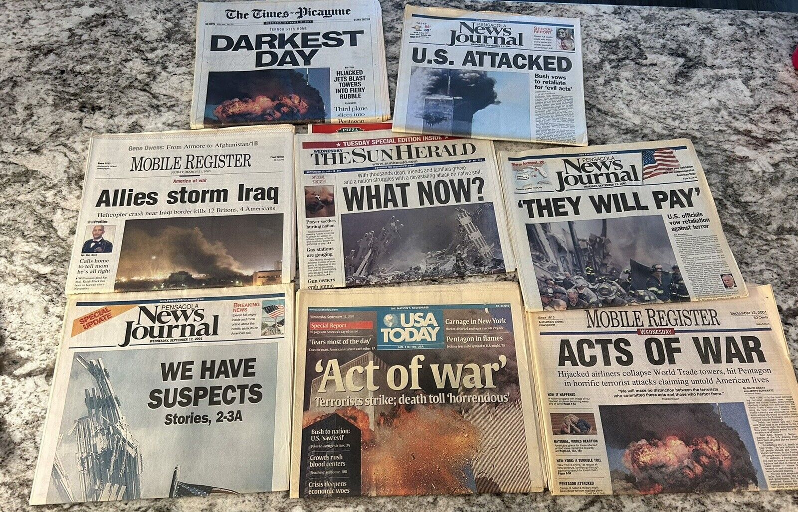 9/11/2001 Newspaper Lot of 8, September 11th USA Today & Mobile Pensacola Others