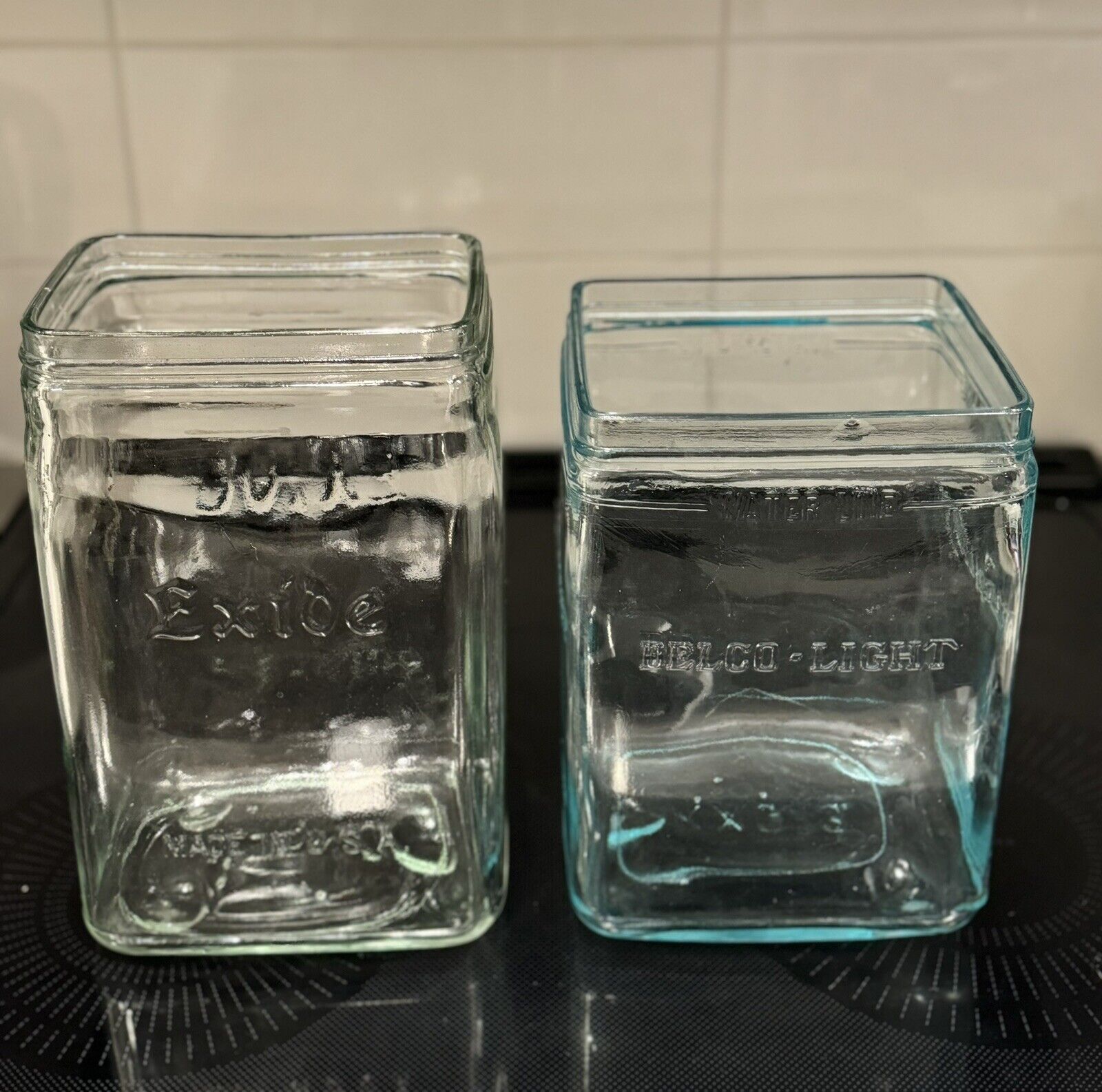 Antique Delco-Light Exide Aqua Glass Battery Jars Set of 2 Vintage Made in USA