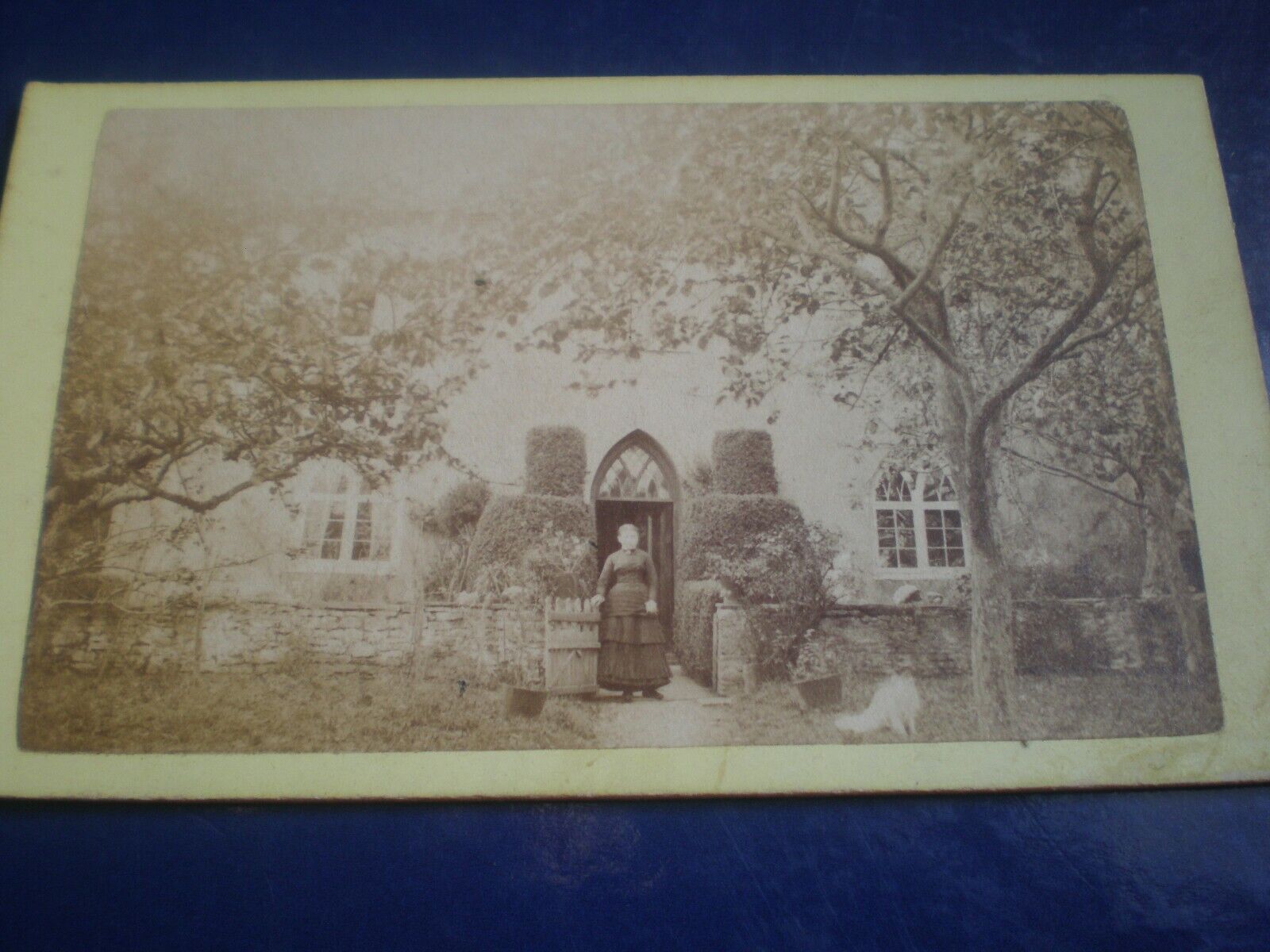 Cdv old photograph woman outside house Weston In Gordano Somerset c1880s