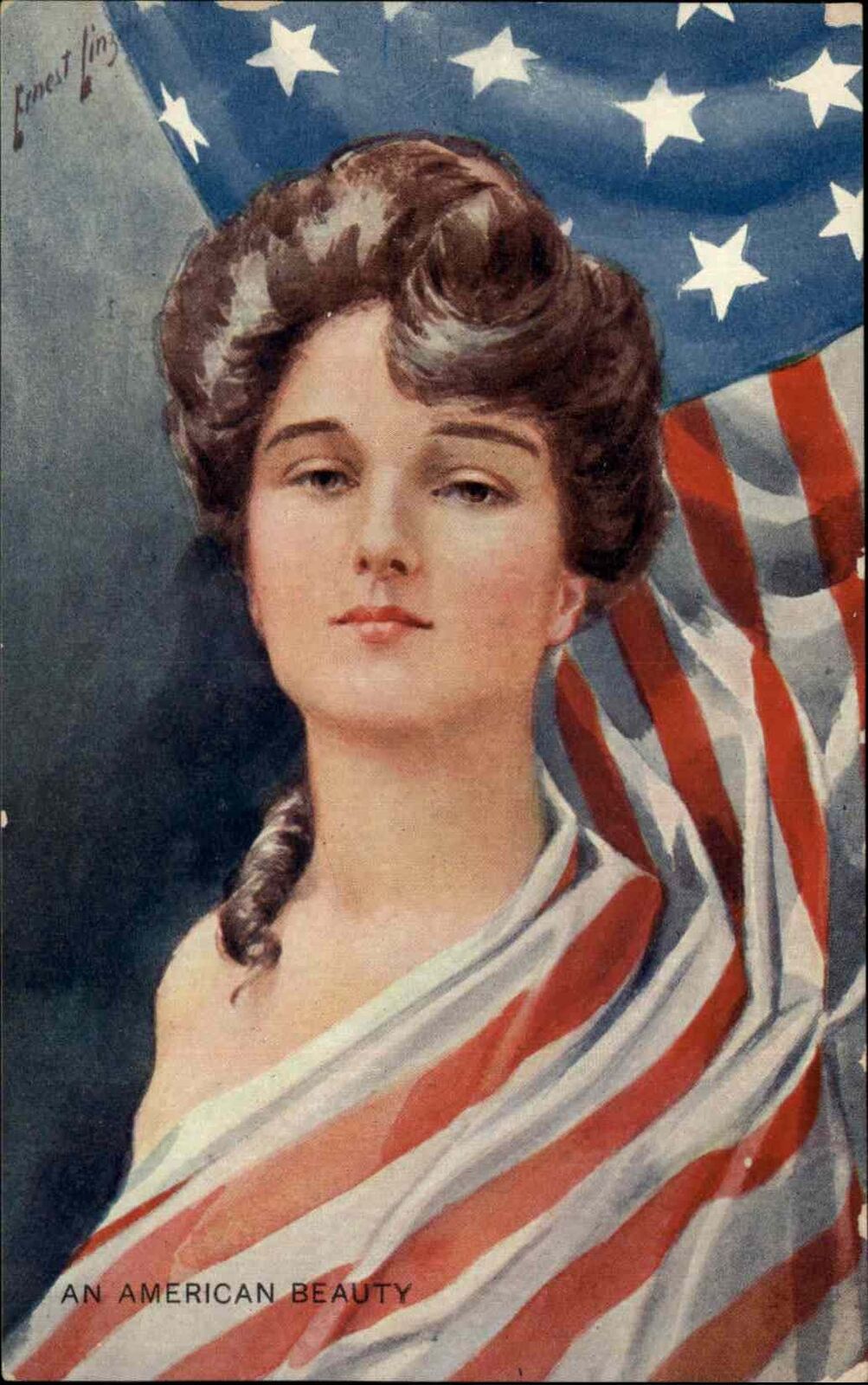 Ernest Linzell Beautiful Patriotic Woman Draped in American Flag c1910 Postcard