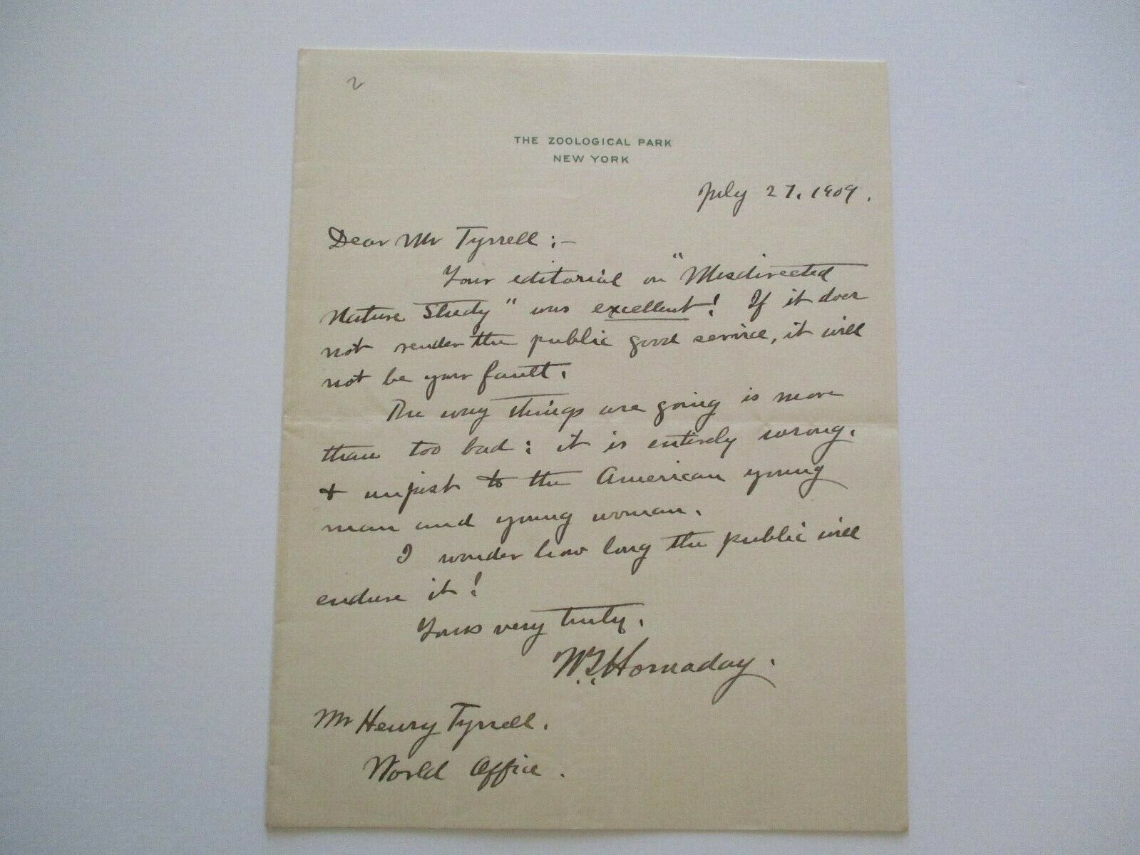 WILLIAM T HORNADAY AUTOGRAPHED SIGNED LETTER ZOOLOGICAL PARK  NY ANTIQUE 1909