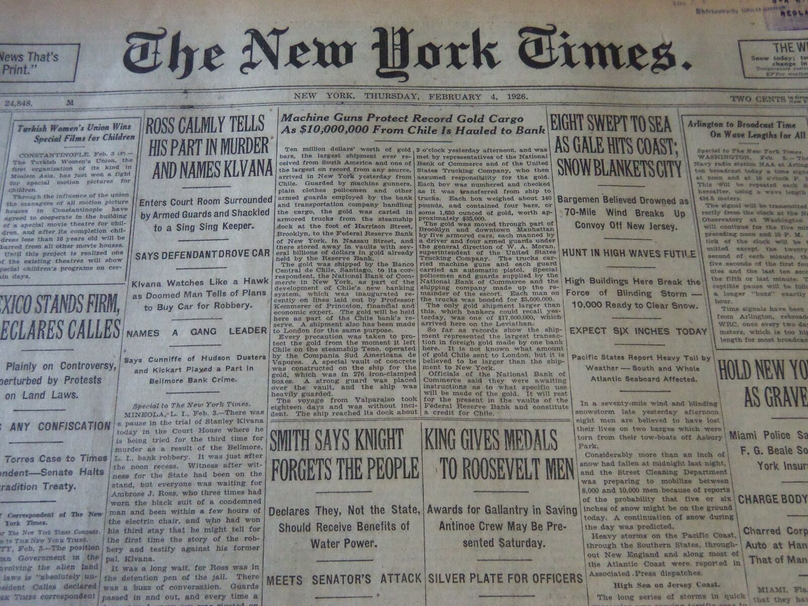 1926 FEB 4 NEW YORK TIMES - ROSS TELLS PART IN MURDER & NAMES KLVANA - NT 6611