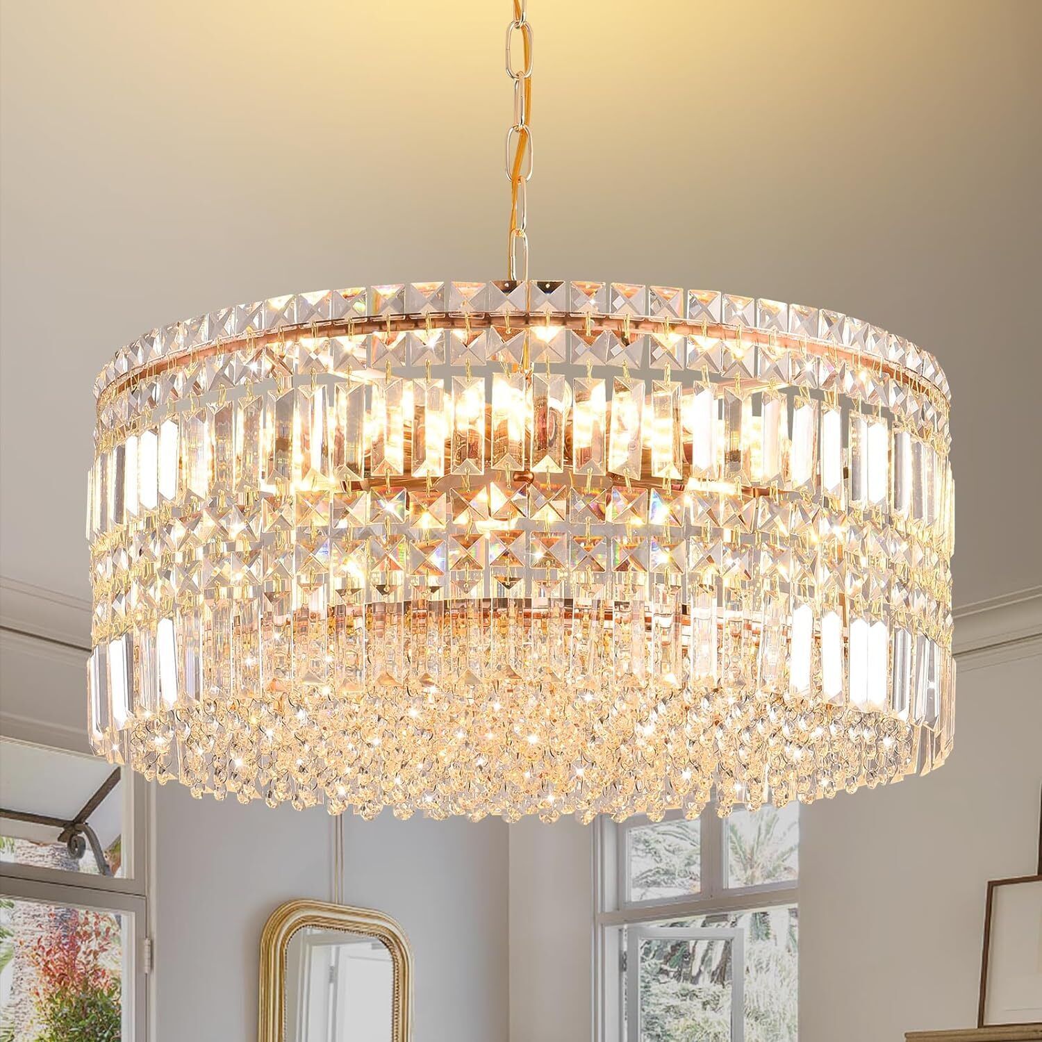 Contemporary Gold Crystal Ceiling Light - Ideal for Various Rooms - 23.6''