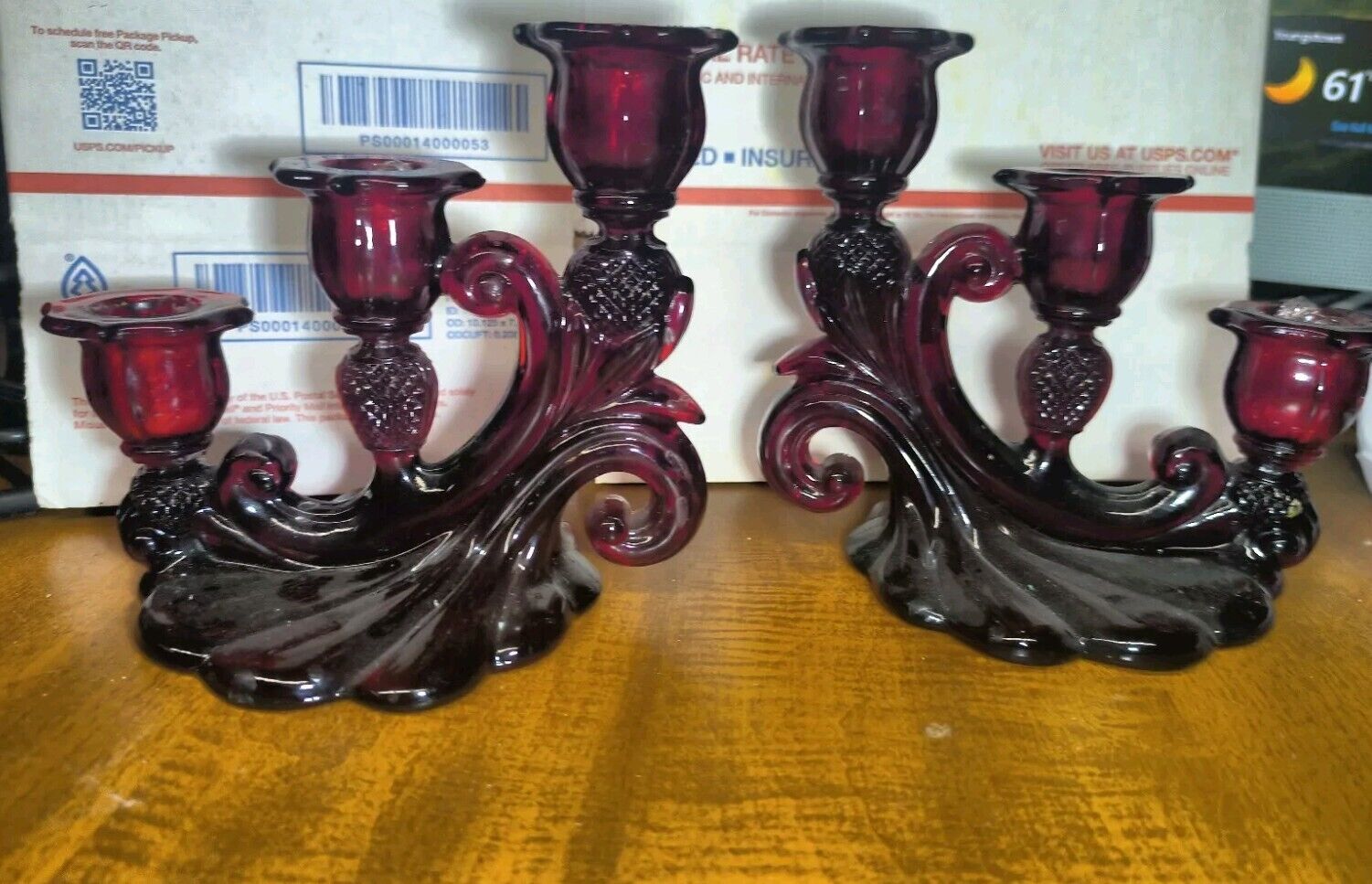 RARE PAIR OF OLD RUBY GLASS CANDE Holders Vintage 