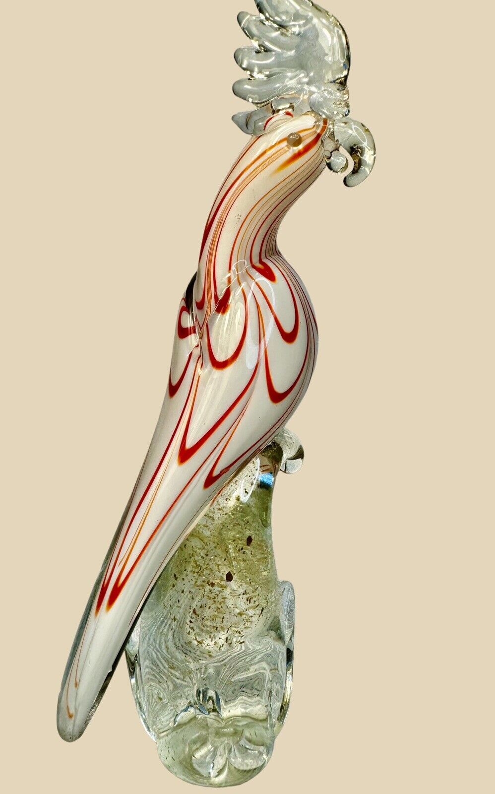 Vintage Murano Glass 13.5 Inch   White and Red  Parrot Figurine