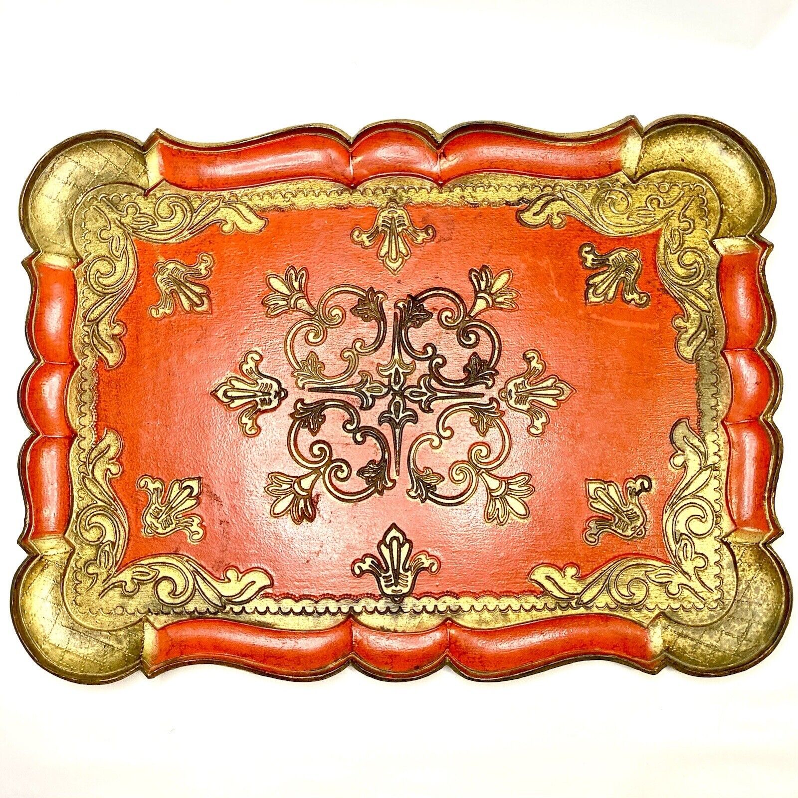 Vintage Italian Florentine Serving TRAY Ornate Red Gold Gilt 16” x 12” Rectangle