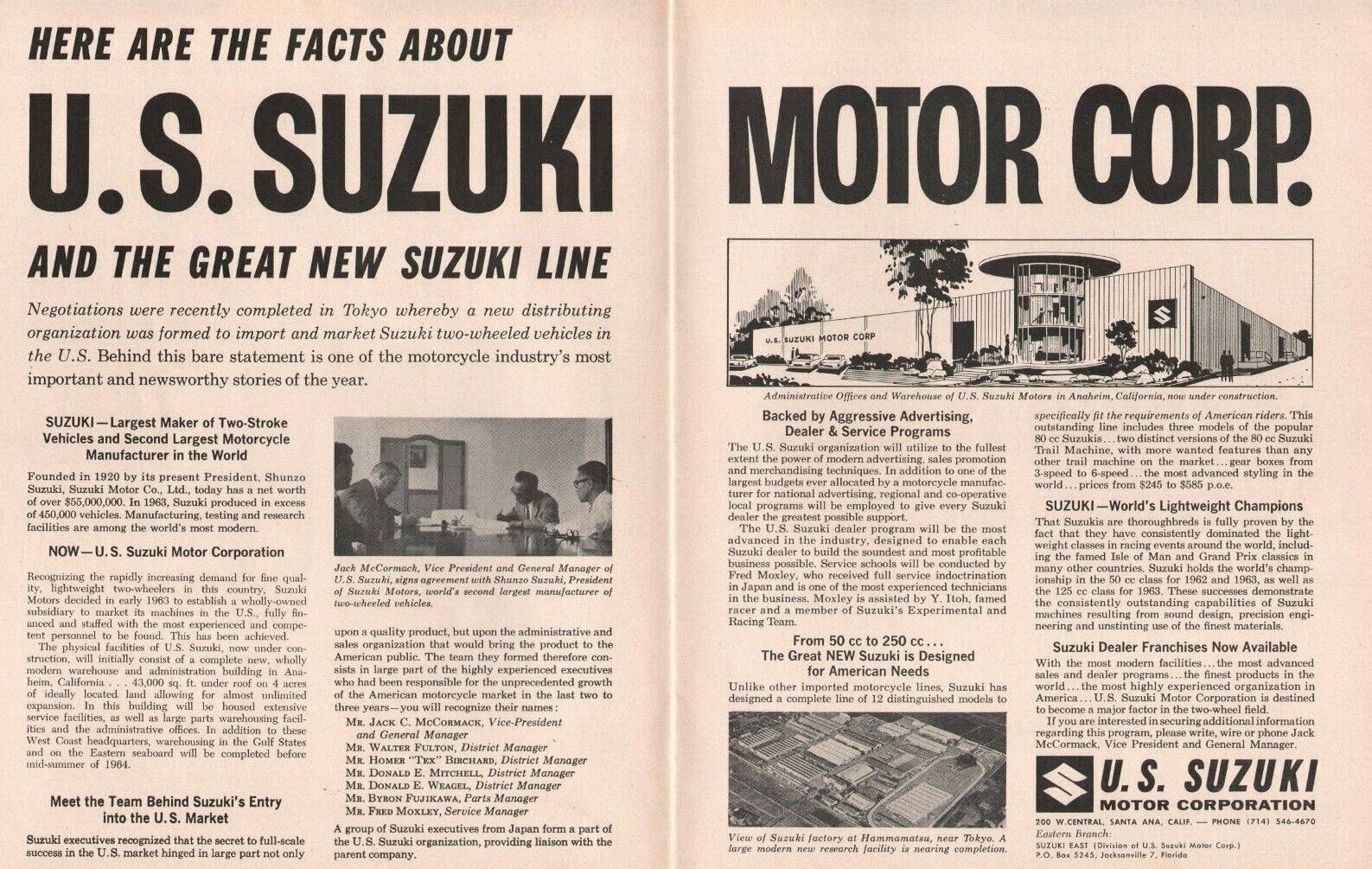 1964 Suzuki Motor Corporation / Factory - 2-Page Vintage Motorcycle Ad