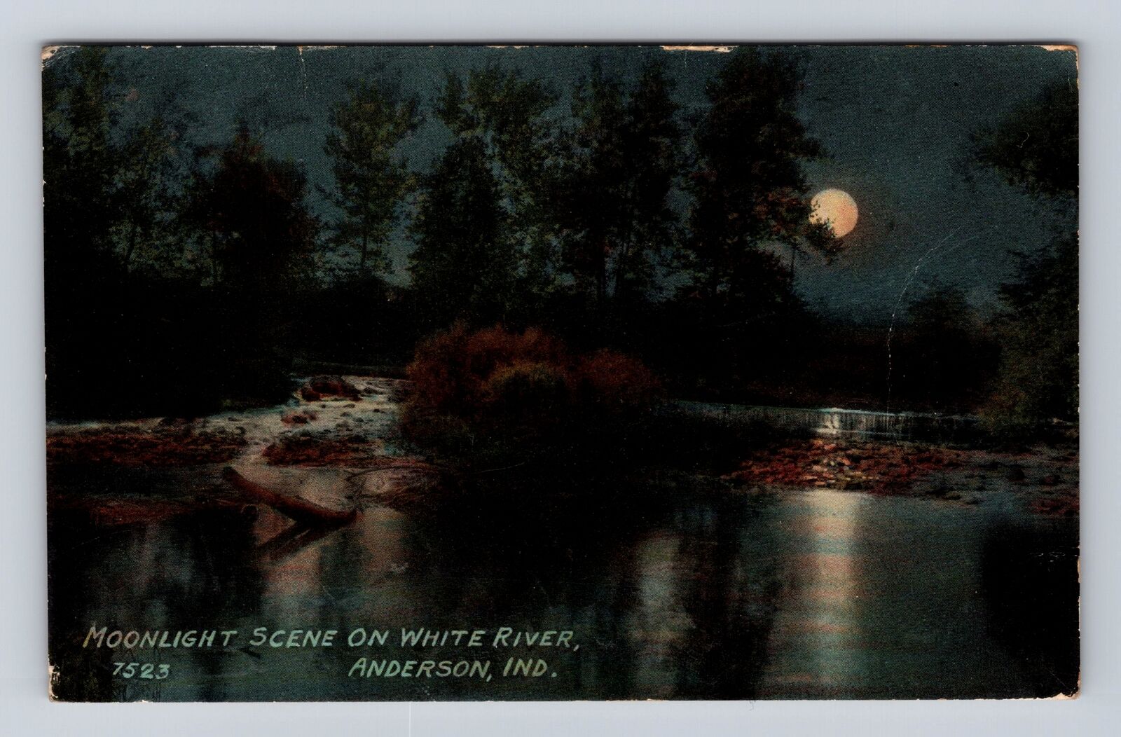 Anderson IN-Indiana, Moonlight Scene On White River, Antique Vintage Postcard