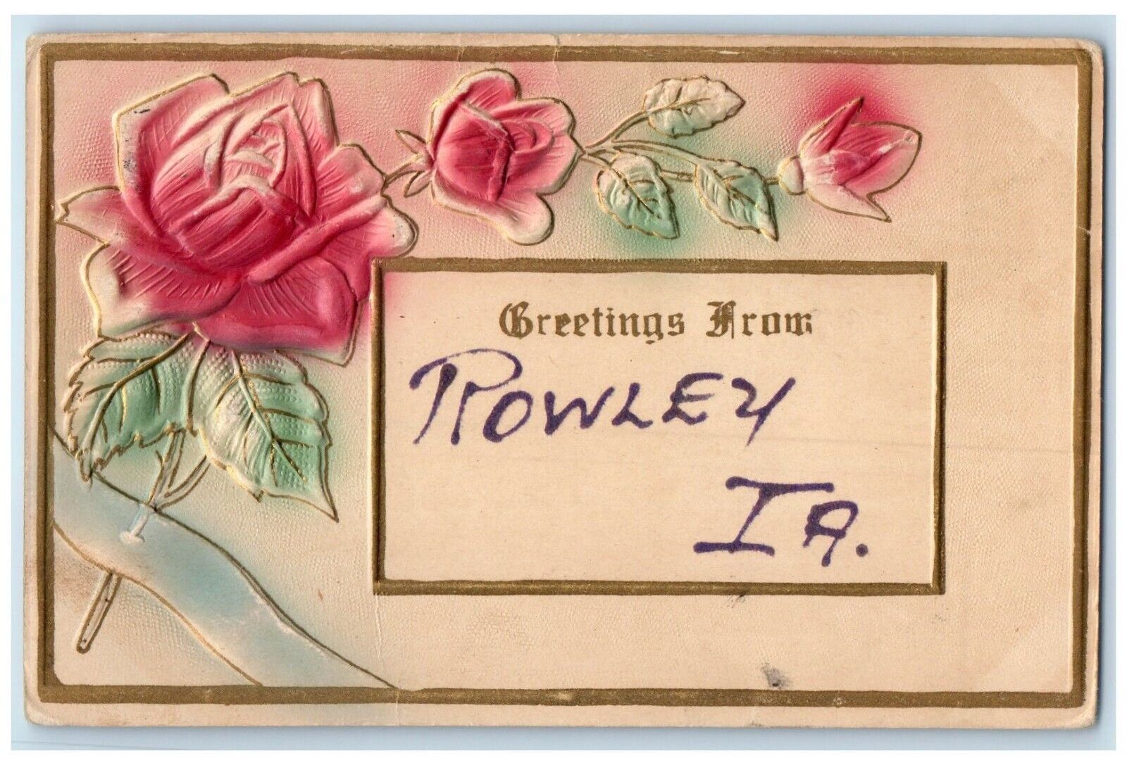 c1910 Greetings From Airbrush Embossed Flowers Rowley Iowa IA Vintage Postcard