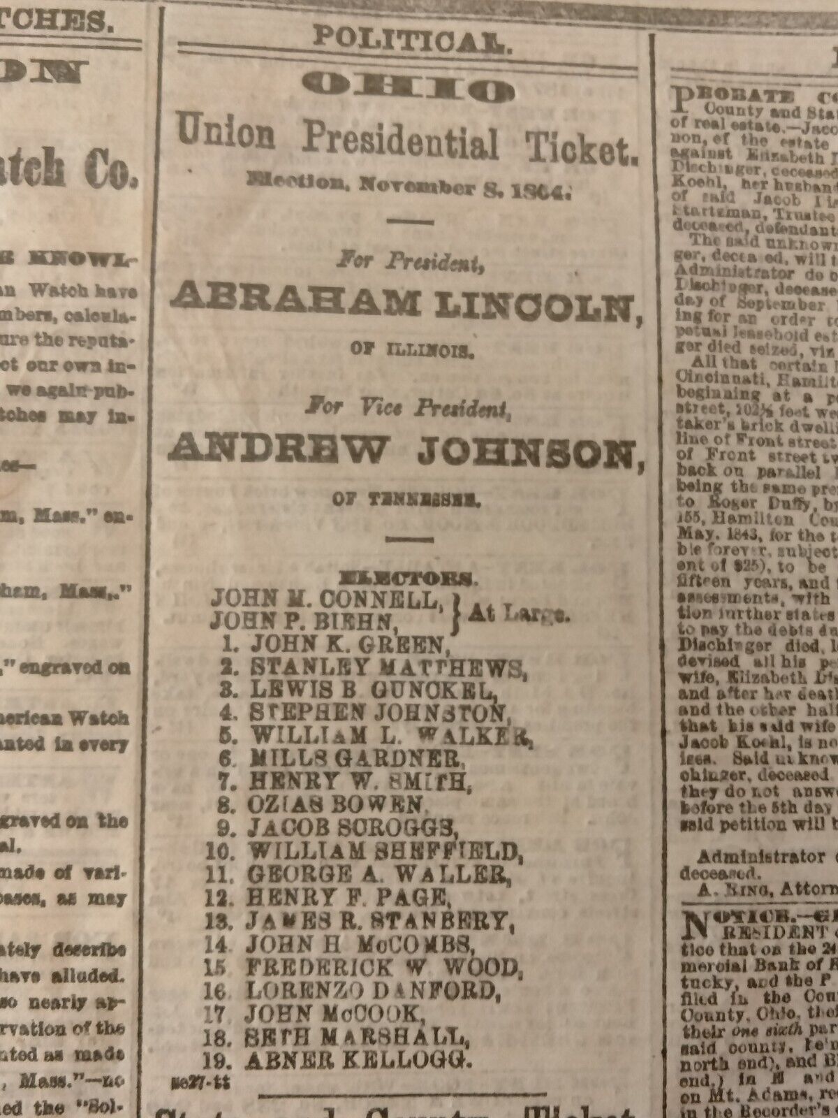 Civil War Newspapers- LINCOLN FOR PRESIDENT, JOHNSON VP- MCCLELLAN FOR PRESIDENT