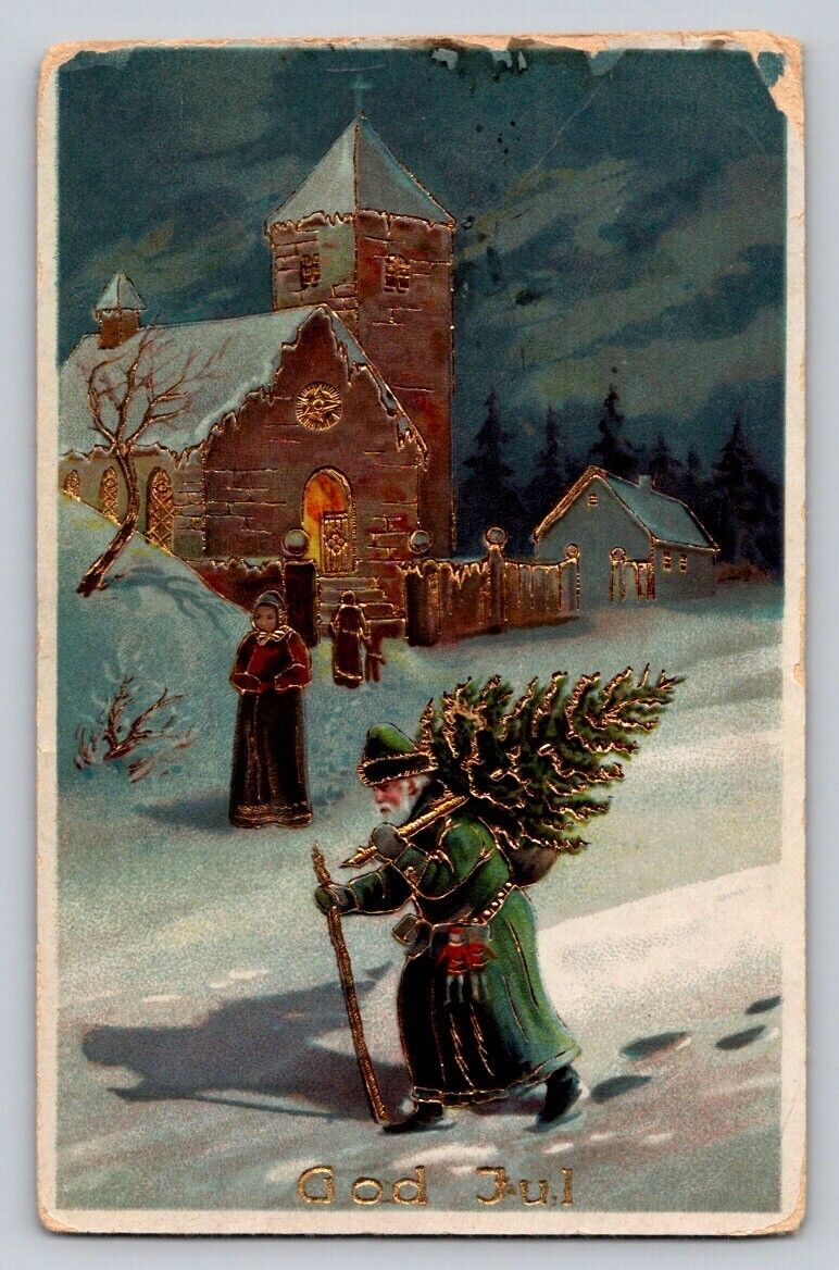 Green Santa Claus Carrying Tree Snow Church People Gel Christmas P691
